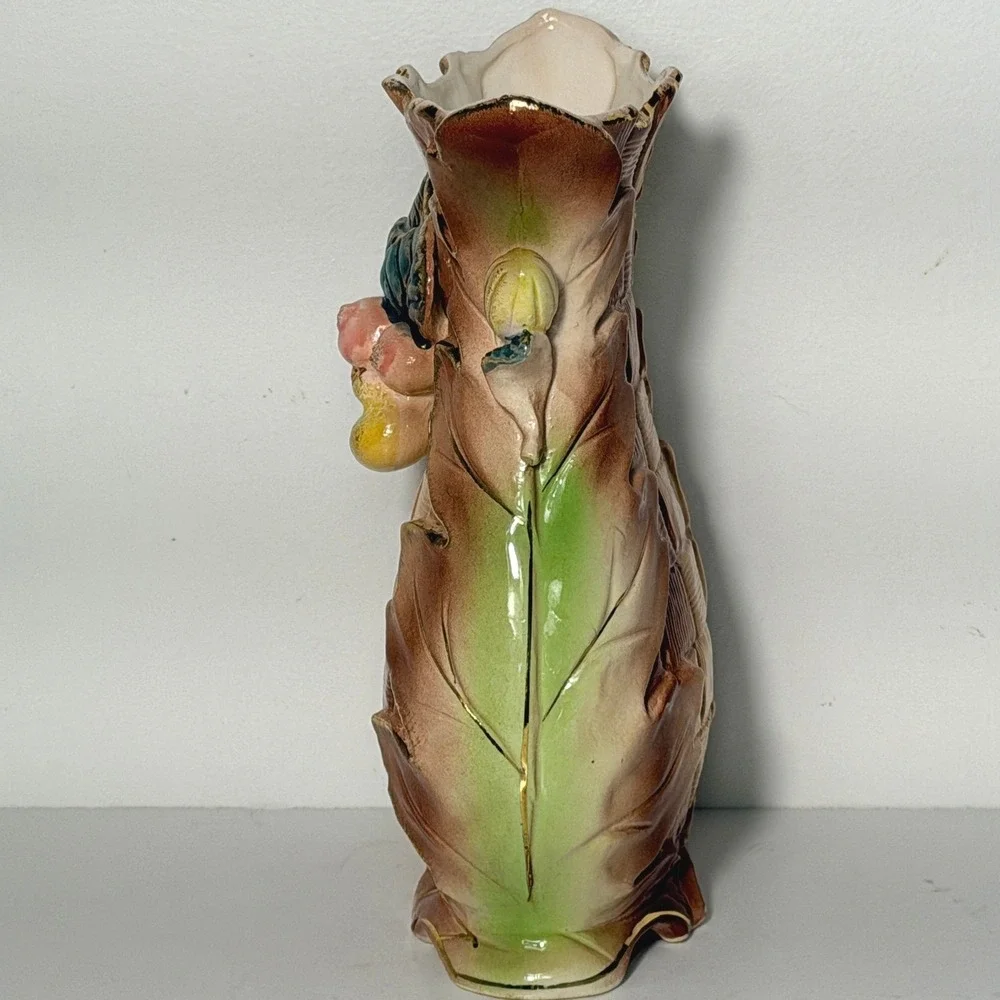 Vintage Majolica-Style Ceramic Fruit Vase Basket Weave Gold Trim 8 Inch